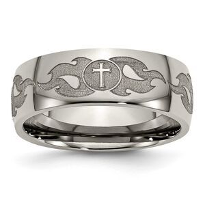 8mm Titanium Polished Cross & Flames Domed Standard Fit Band, Size 11